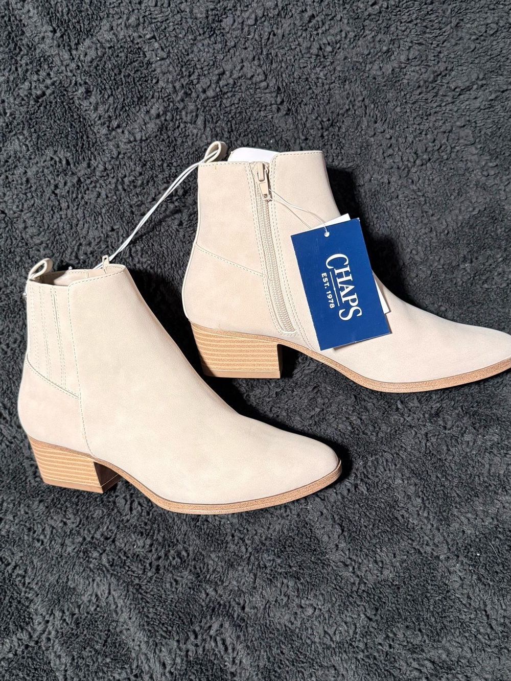 Chaps Tan-Cream Suede Ankle Booties with Stacked Heel